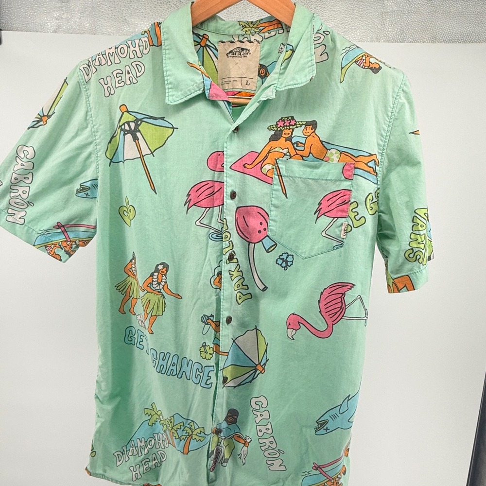 Vans Off The Wall Mens shirt Lg Green Graphic Tropical Flamingo Button Up